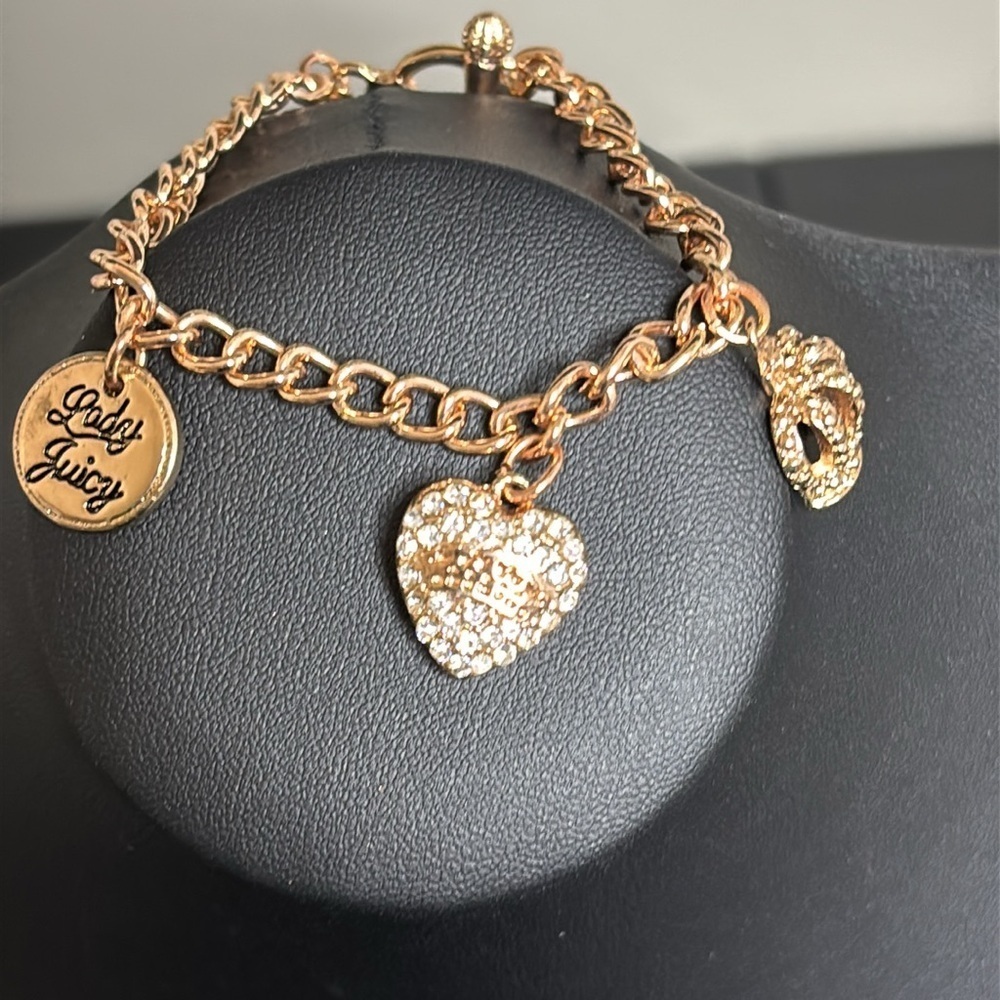 Juicy Couture Rose Gold Pave Crystal Puffy Heart Crown Queen Charm Bracelet - Picture 5 of 8